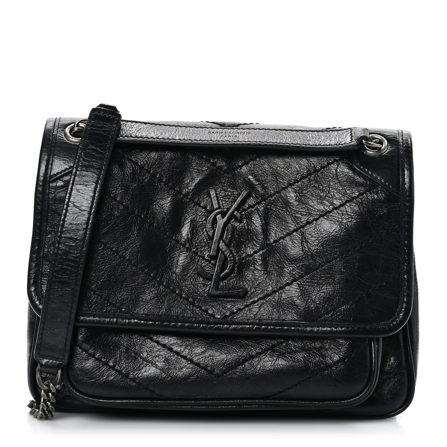 Saint Laurent Crinkled Lambskin Matelasse Monogram Baby Niki Chain Satchel Black 1 of 9