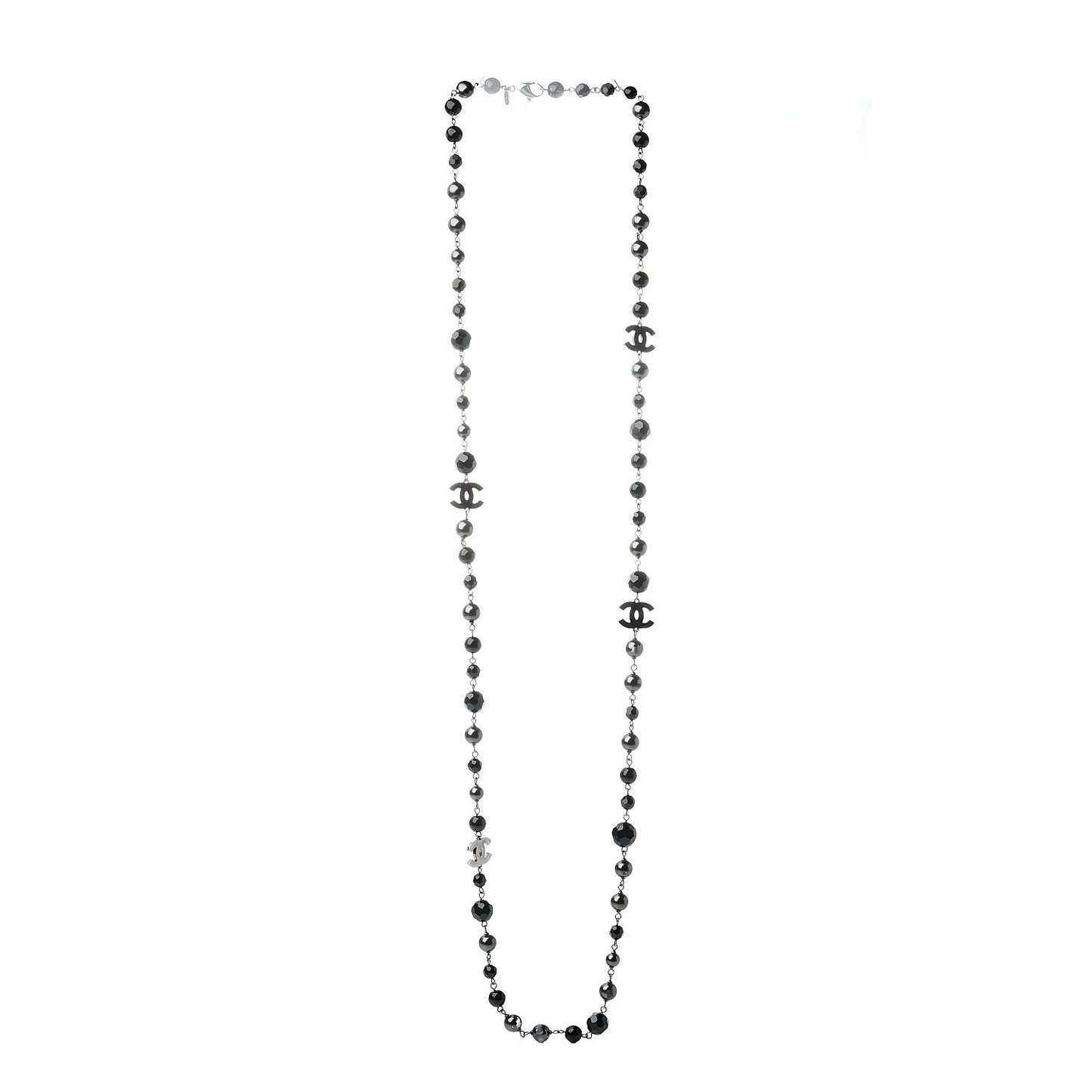 Pearl Beaded CC Long Necklace Silver Black
