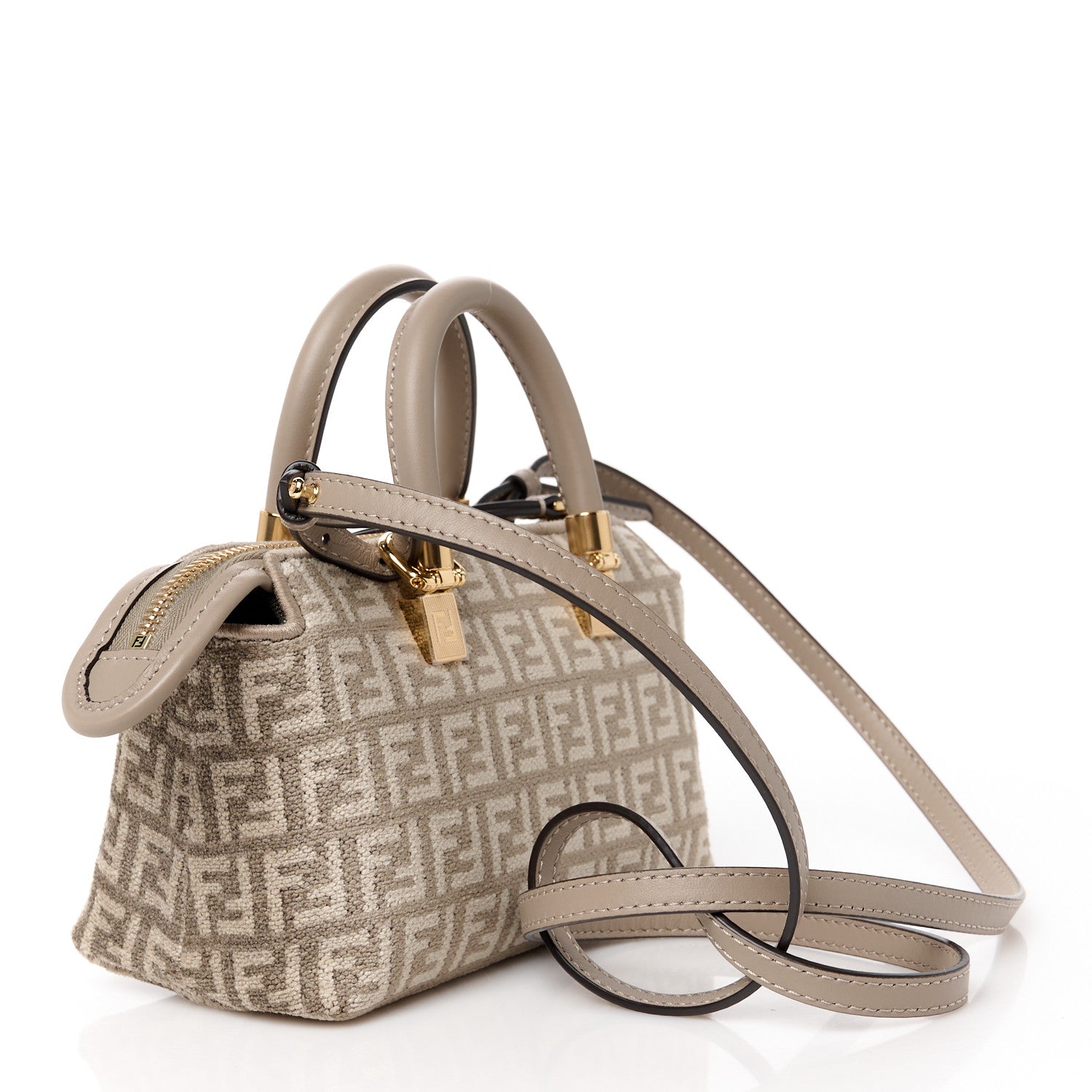 Fendi Chenille Vitello Micro FF Mini By The Way Top Handle Boston Bag Tortora Nuvola 3 of 10