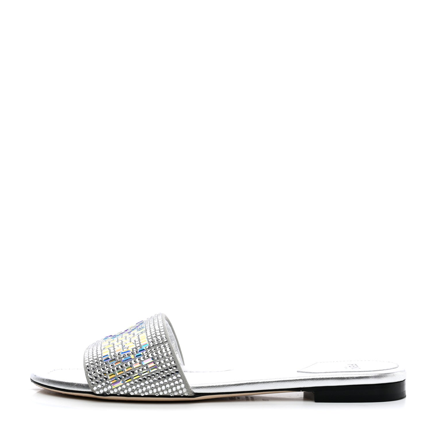 Fendi Laminated Goatskin Baguette Crystal Embroidered Signature Flat Slide Sandals 39 Silver 1 of 11