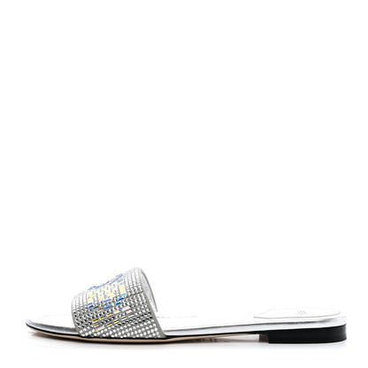 Fendi Laminated Goatskin Baguette Crystal Embroidered Signature Flat Slide Sandals 39 Silver 1 of 11