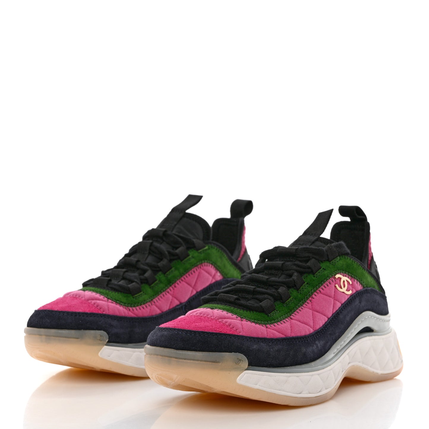 Velvet Calfskin Mixed Fibers CC Sneakers 38 Dark Pink Green