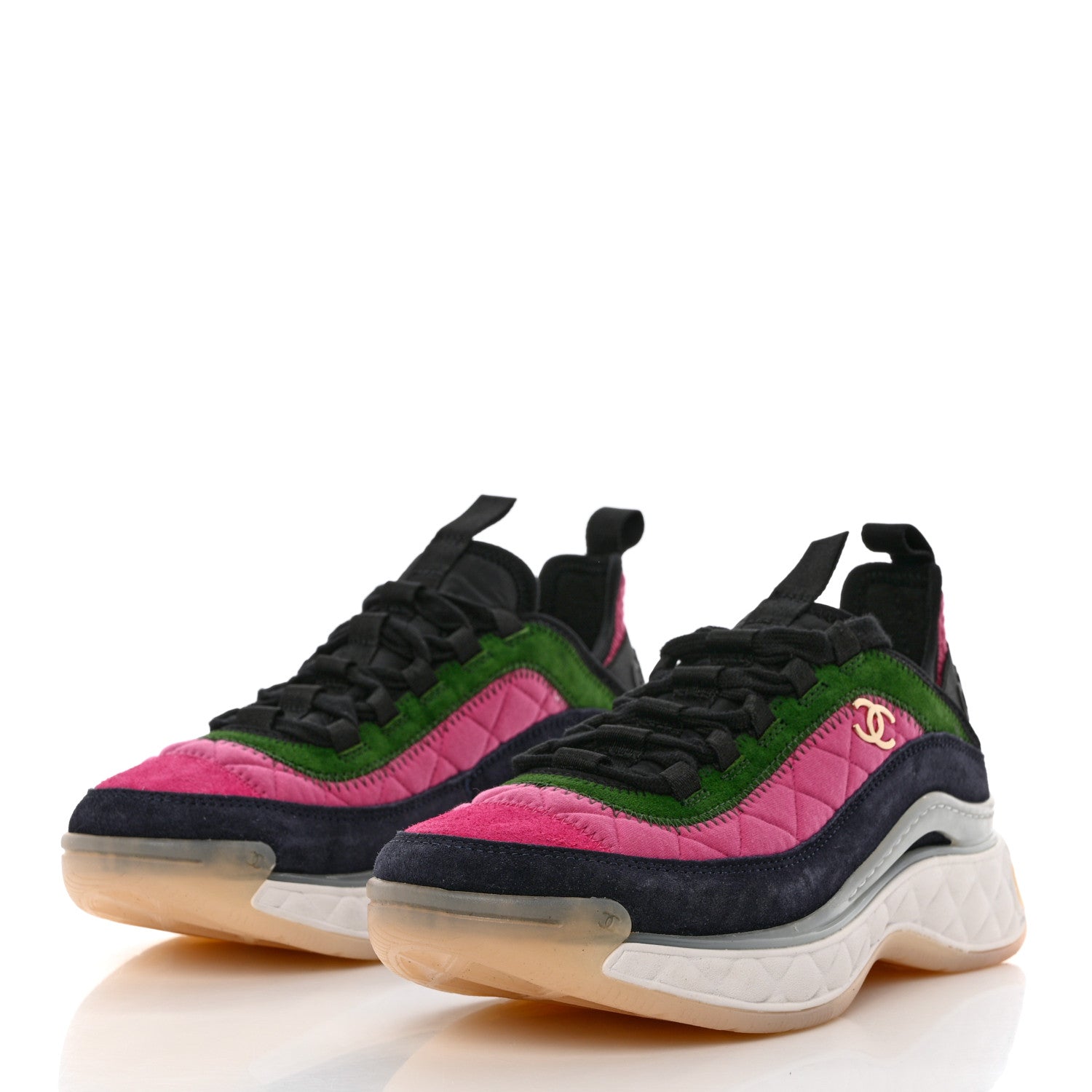 Chanel Velvet Calfskin Mixed Fibers CC Sneakers 38 Dark Pink Green 3 of 9