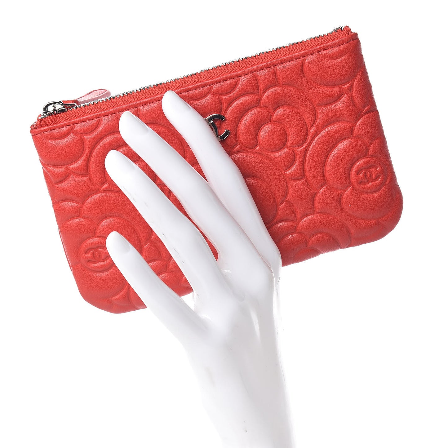 Goatskin Camellia Embossed Cosmetic Pouch Red