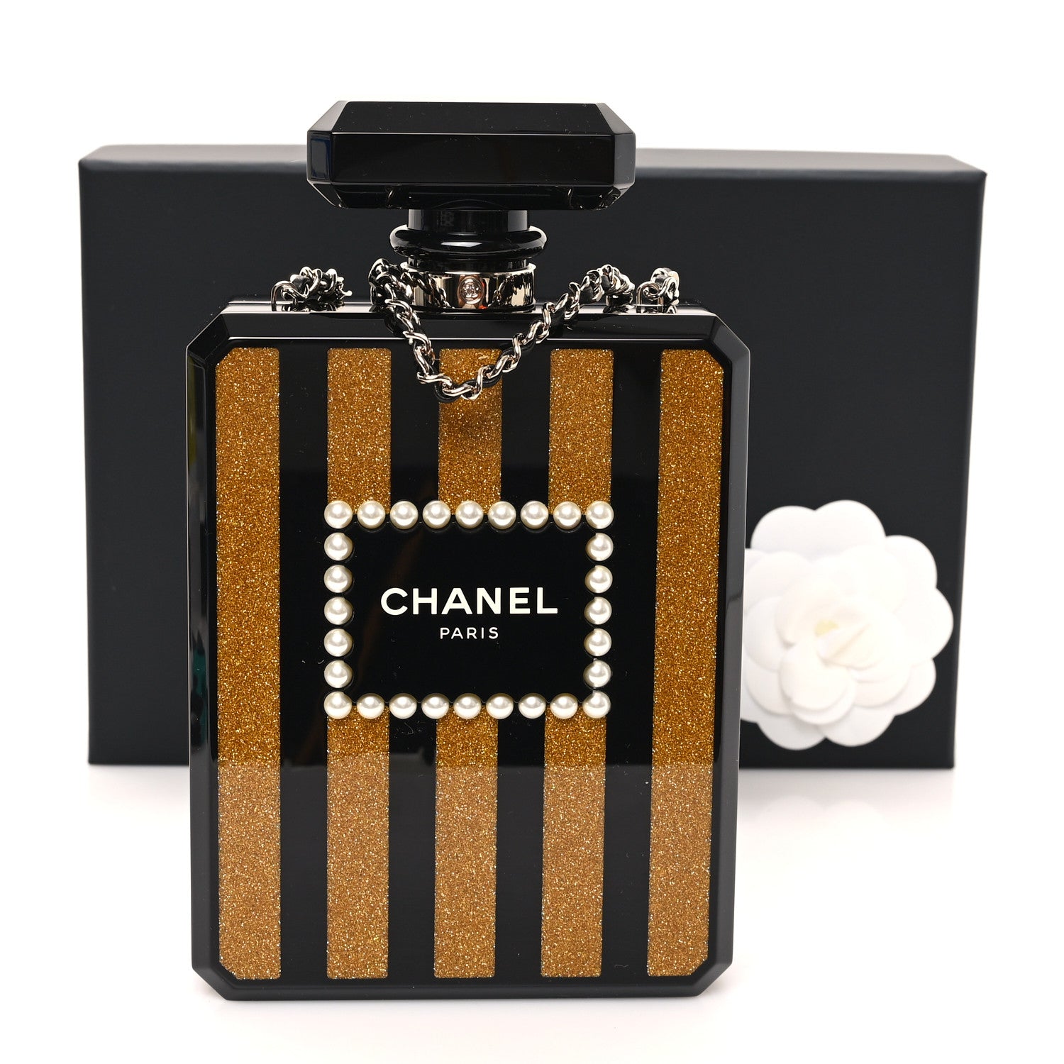 Chanel Plexiglass Perfume Bottle Clutch Black Gold 12 of 12
