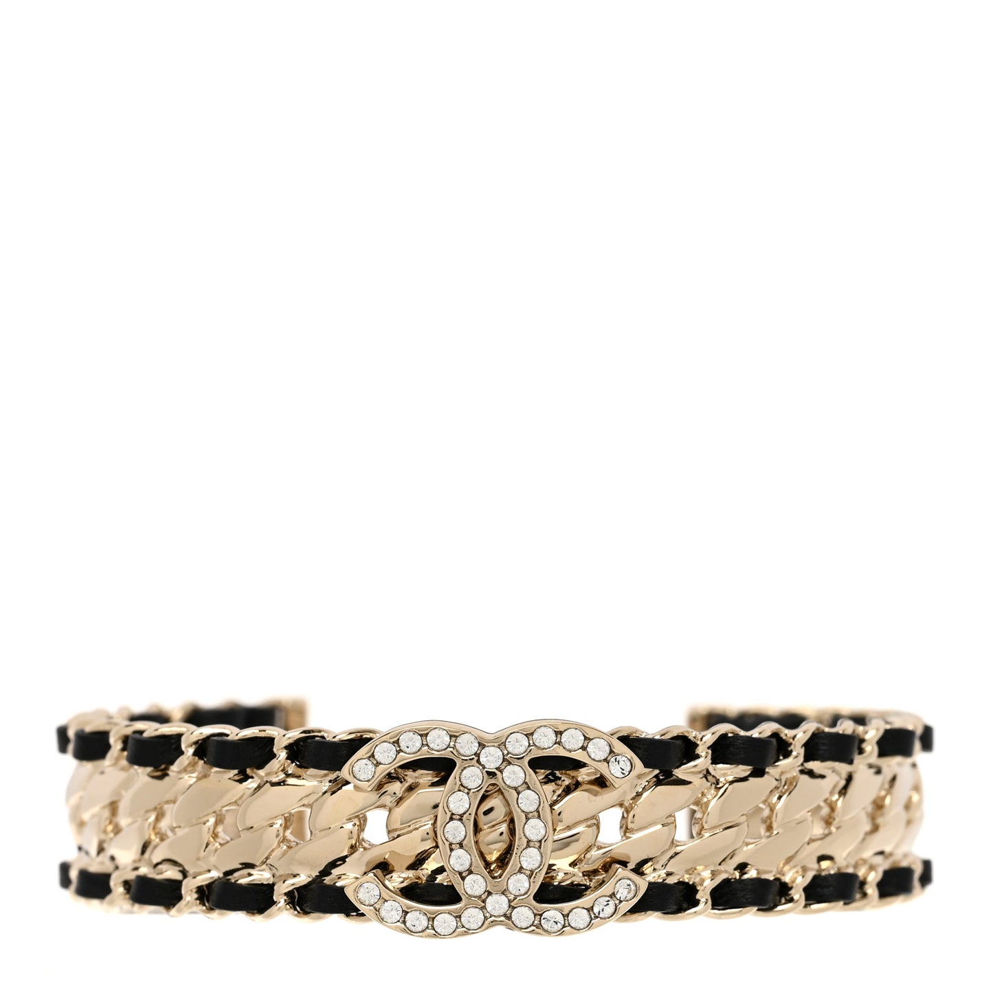 Metal Crystal Lambskin Chain CC Cuff Bracelet Gold Black