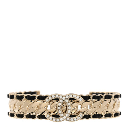 Chanel Metal Crystal Lambskin Chain CC Cuff Bracelet Gold Black 1 of 5