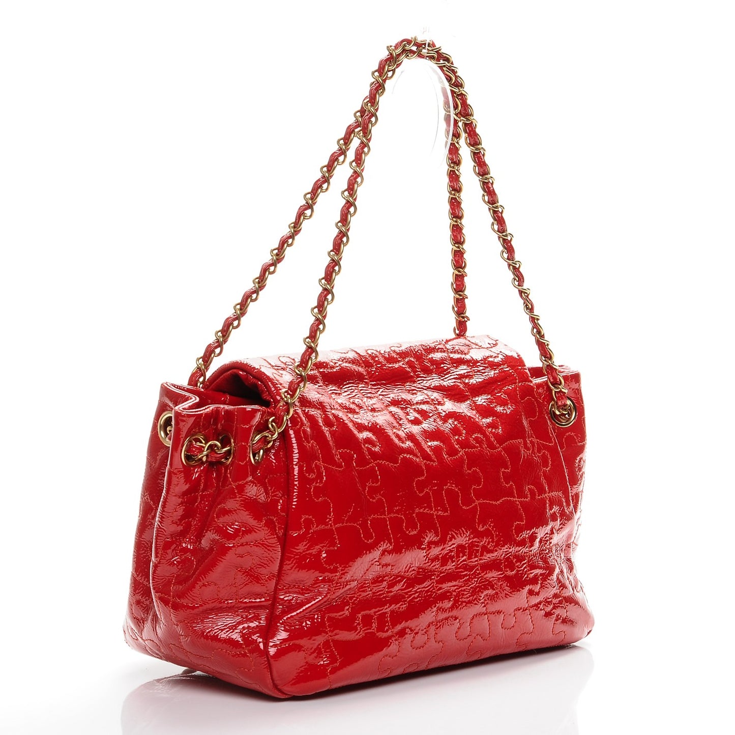 Crackled Patent Puzzle Accordion Flap Bag Red