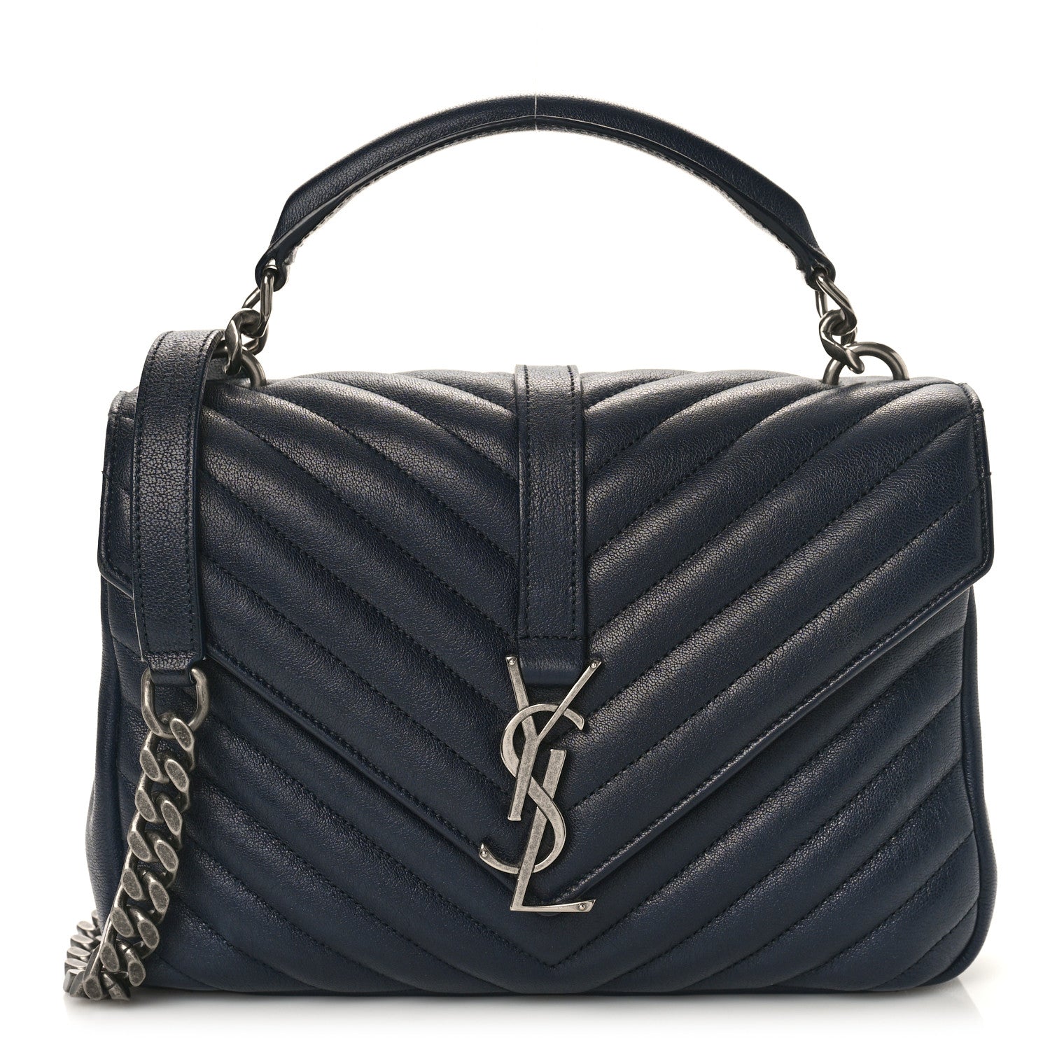 Saint Laurent Sheepskin Matelasse Chevron Monogram Medium College Bag Deep Marine 2 of 10