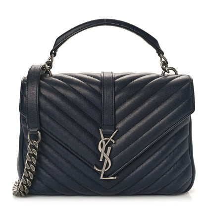 Saint Laurent Sheepskin Matelasse Chevron Monogram Medium College Bag Deep Marine 2 of 10