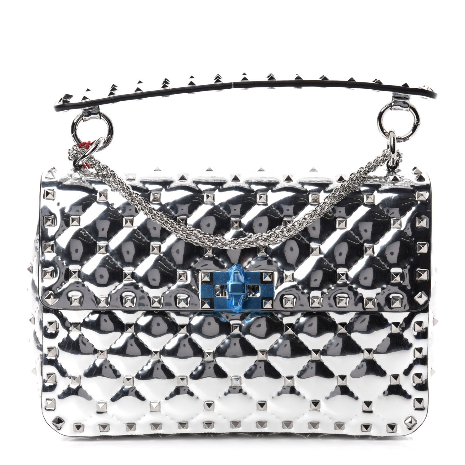 Valentino Garavani Metallic Patent Quilted Medium Rockstud Spike Shoulder Bag Silver 1 of 9