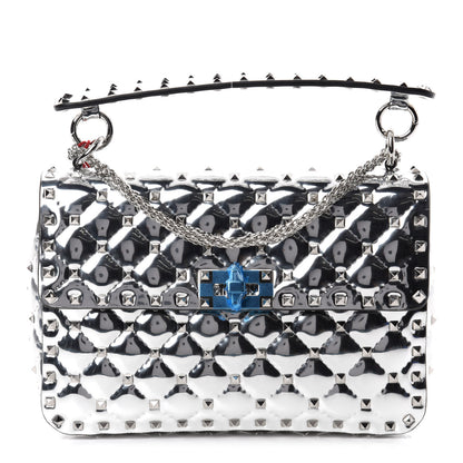 Valentino Garavani Metallic Patent Quilted Medium Rockstud Spike Shoulder Bag Silver 1 of 9