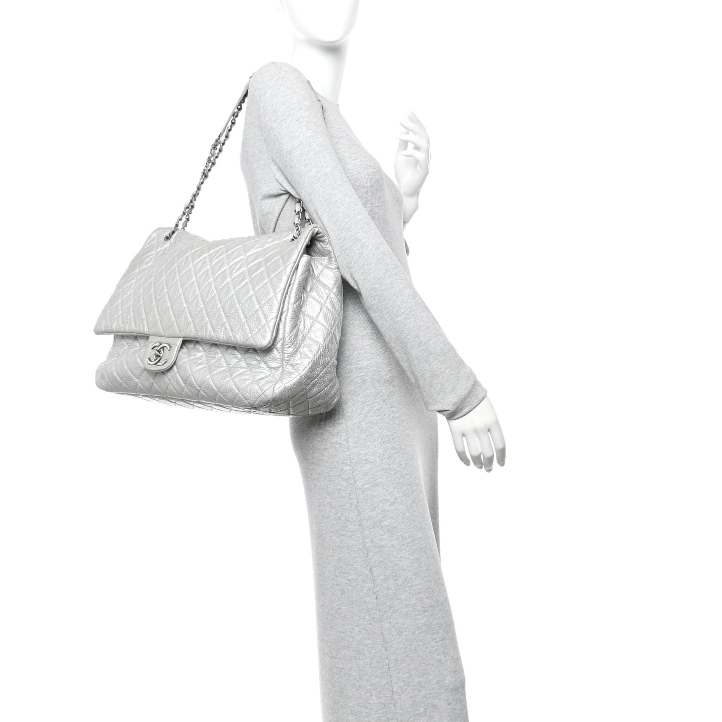 Metallic Calfskin Quilted XXL Travel Flap Bag Silver