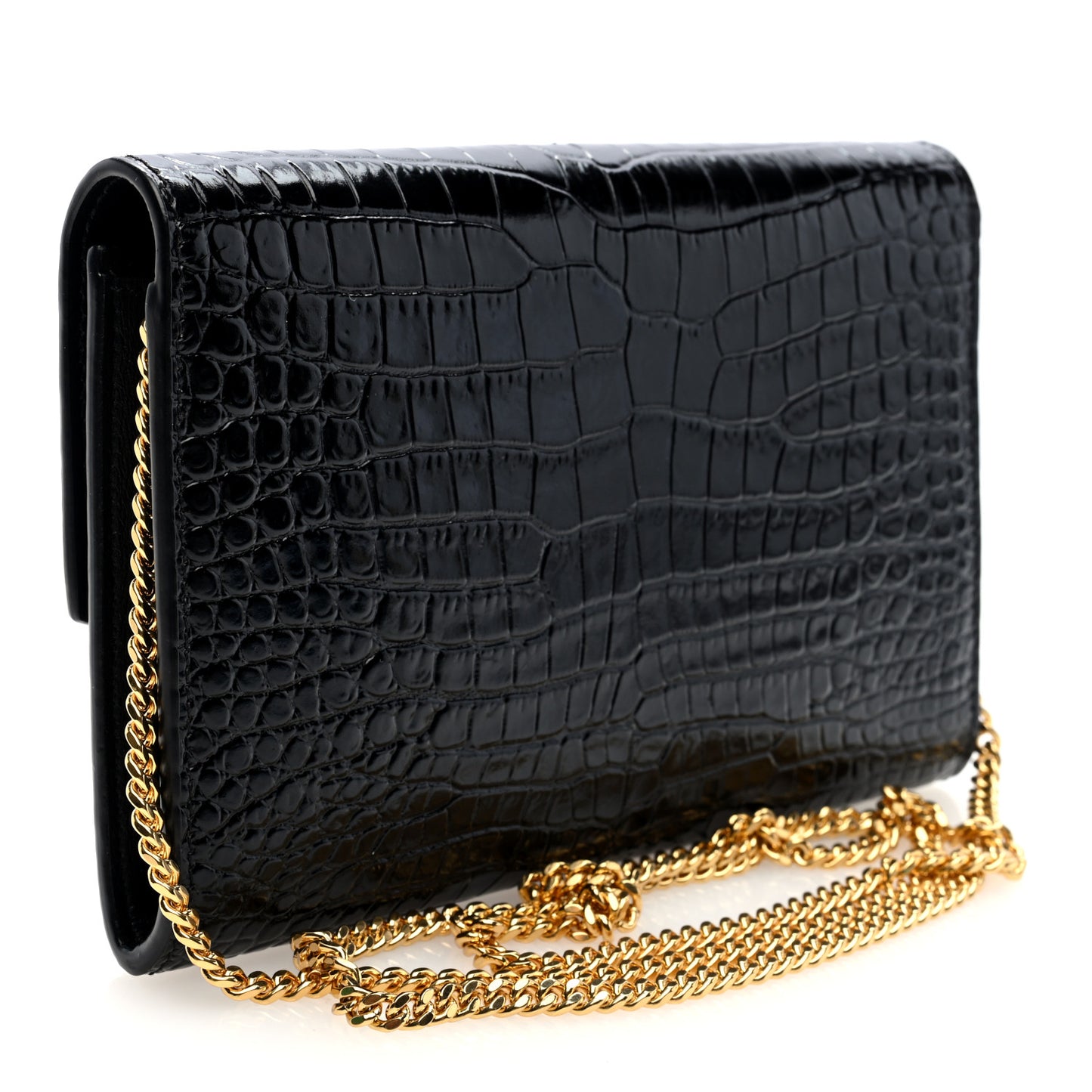 Calfskin Crocodile Embossed Monogram Uptown Chain Wallet Black