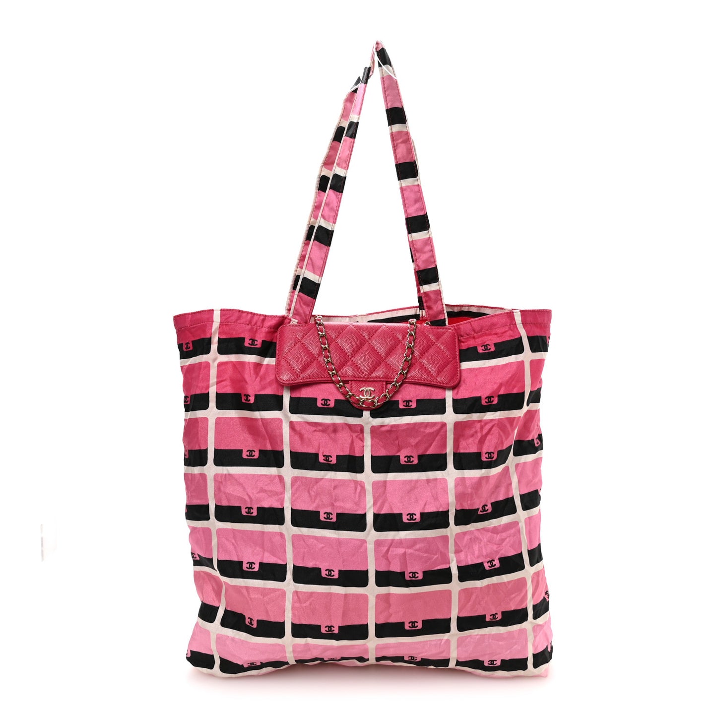 Caviar Fabric Quilted Foldable Tote With Chain Pink Multicolor