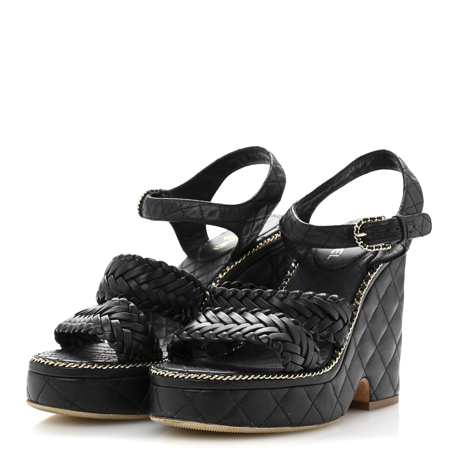 Chanel Calfskin Quilted Chain Around Wedge Sandals 37 Black 4 of 10