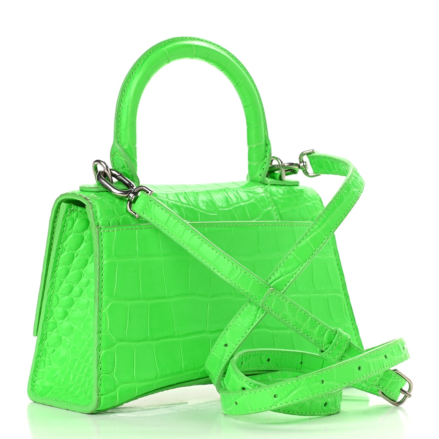 Shiny Calfskin Crocodile Embossed Hourglass Top Handle Bag XS Fluo Green
