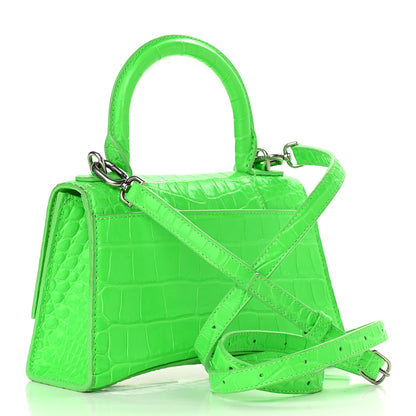 Balenciaga Shiny Calfskin Crocodile Embossed Hourglass Top Handle Bag XS Fluo Green 3 of 13