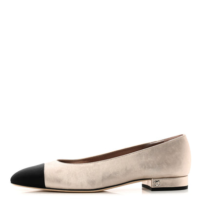 Chanel Laminated Lambskin Grosgrain Cap Toe CC Ballerina Flats 38.5 Copper Black 1 of 8