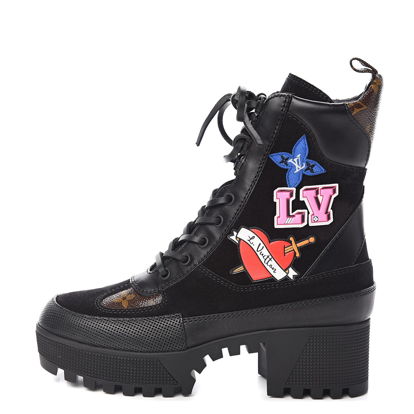 Suede Calfskin Monogram LV Black Heart Laureate Platform Desert Boots 37 Black