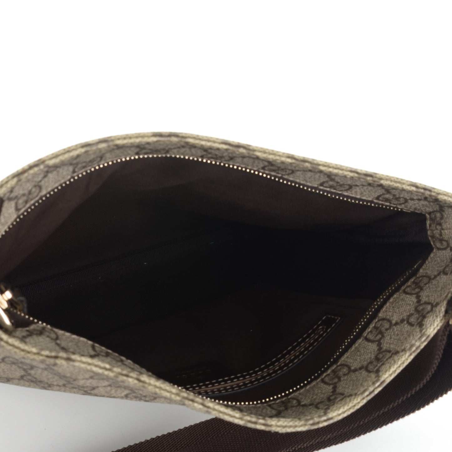 GG Supreme Monogram Selleria Calfskin Small Flat Side Zip Messenger Bag Beige Ebony Cocoa Dark Chocolate
