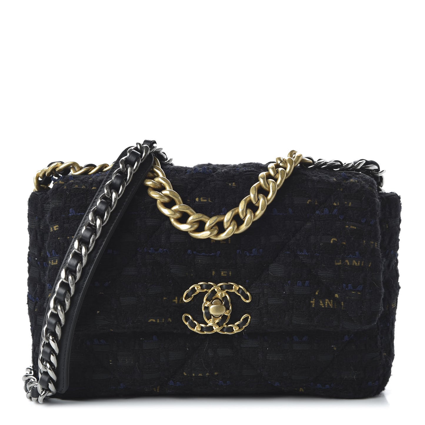 Tweed Quilted Medium 19 Flap Black Navy Gold