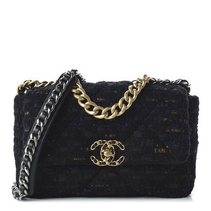 Chanel Tweed Quilted Medium 19 Flap Black Navy Gold 1 of 11