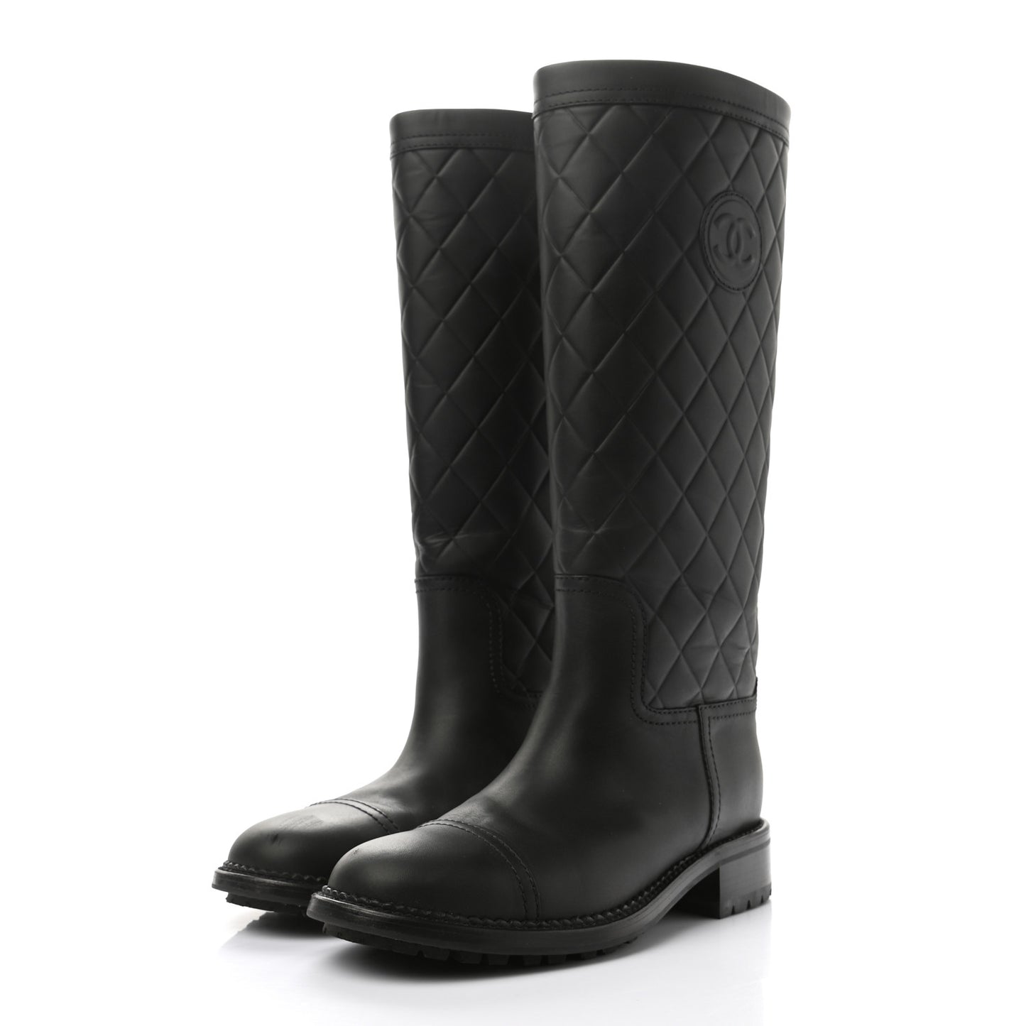Oily Calfskin Quilted High Boots 37 Black