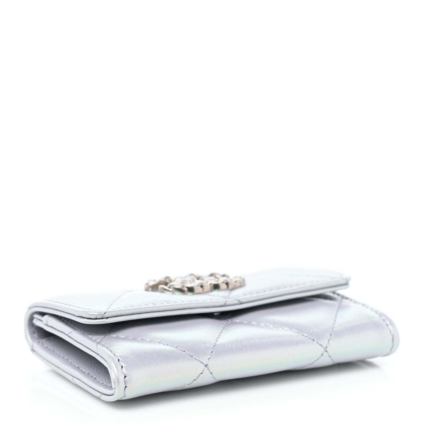 Iridescent Calfskin Quilted Chanel 19 Flap Card Holder Light Purple