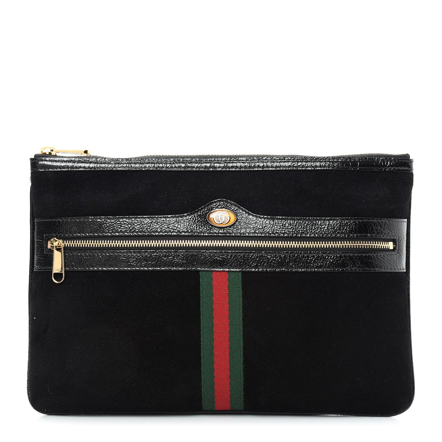 Gucci Suede Patent Large Ophidia Pouch Clutch Black 1 of 7