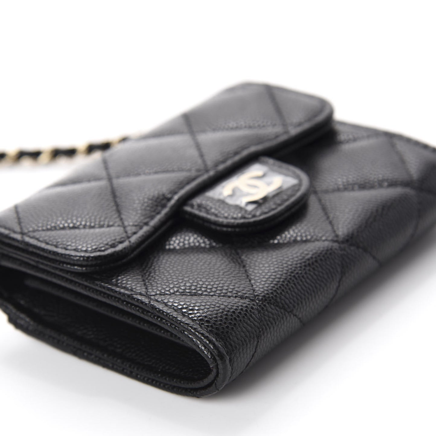 Caviar Quilted Flap Card Holder On Chain Black