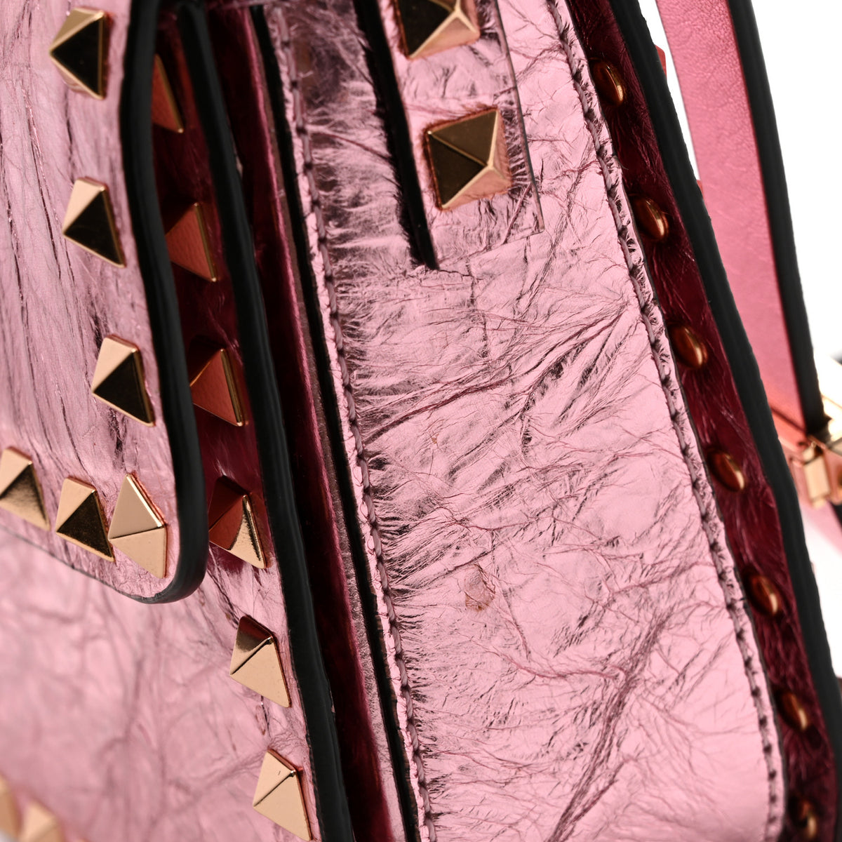Metallic Crackle Effect Calfskin Rockstud Flip Lock Shoulder Bag Rose Cannelle