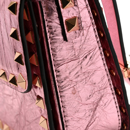 Valentino Garavani Metallic Crackle Effect Calfskin Rockstud Flip Lock Shoulder Bag Rose Cannelle 11 of 12