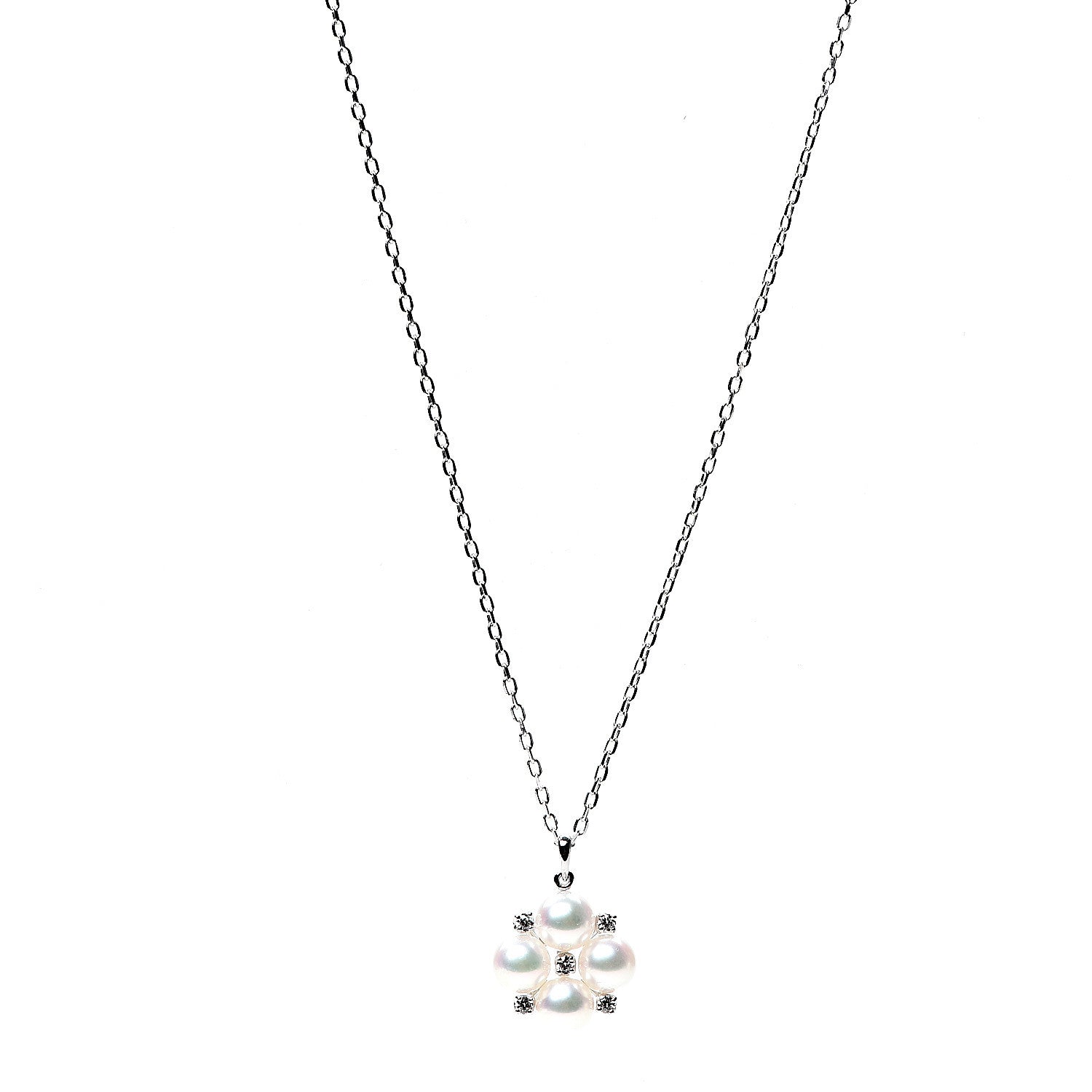 Mikimoto 18K White Gold Diamond Akoya Pearl 5.5mm Cluster Pendant Necklace 1 of 4