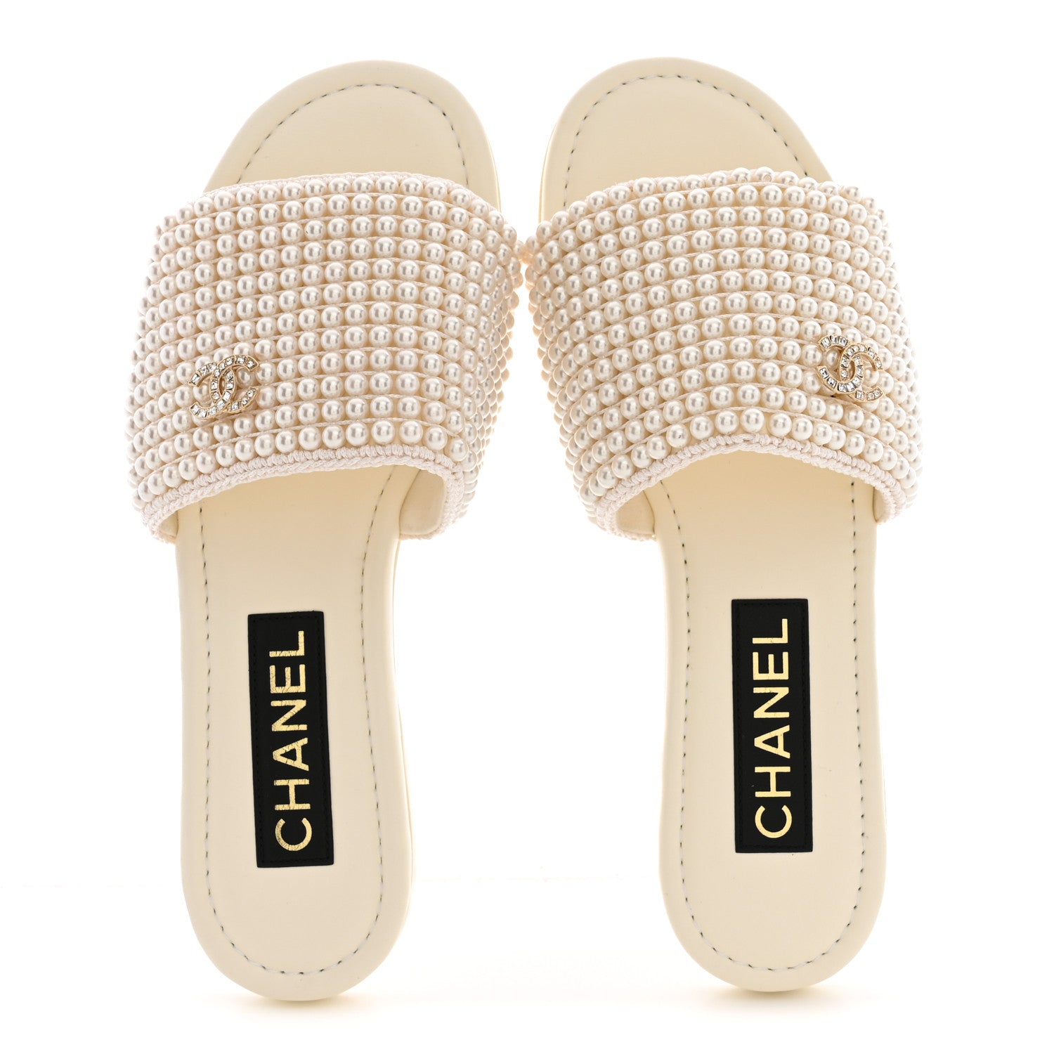 Chanel Pearl Crystal CC Mules Sandals 37.5 Ivory 2 of 8