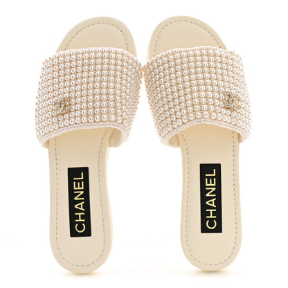Chanel Pearl Crystal CC Mules Sandals 37.5 Ivory 2 of 8