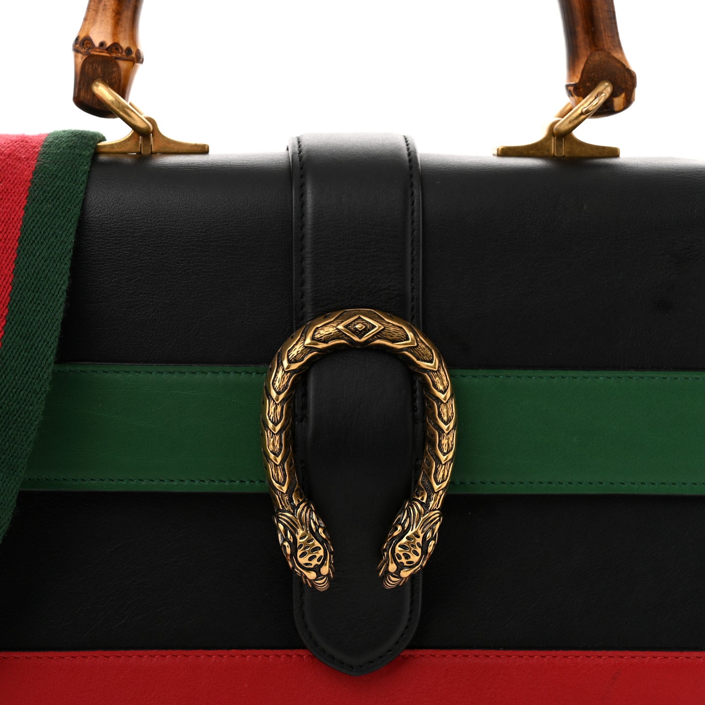 Moon Calfskin Web Medium Dionysus Bamboo Top Handle Bag Black Bright Evergreen Hibiscus Red