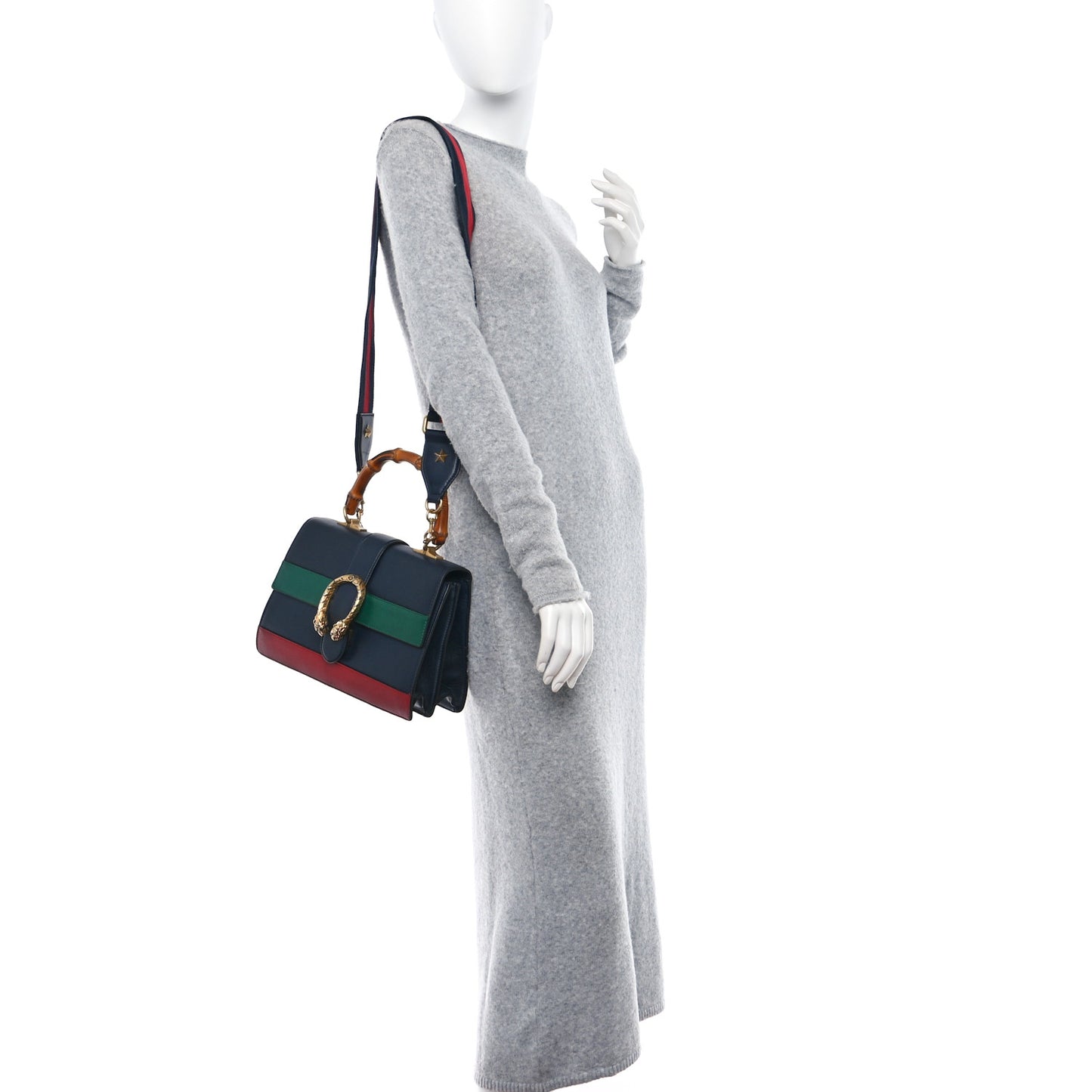 Moon Calfskin Bamboo Web Medium Dionysus Top Handle Bag Blue Emerald Hibiscus Red