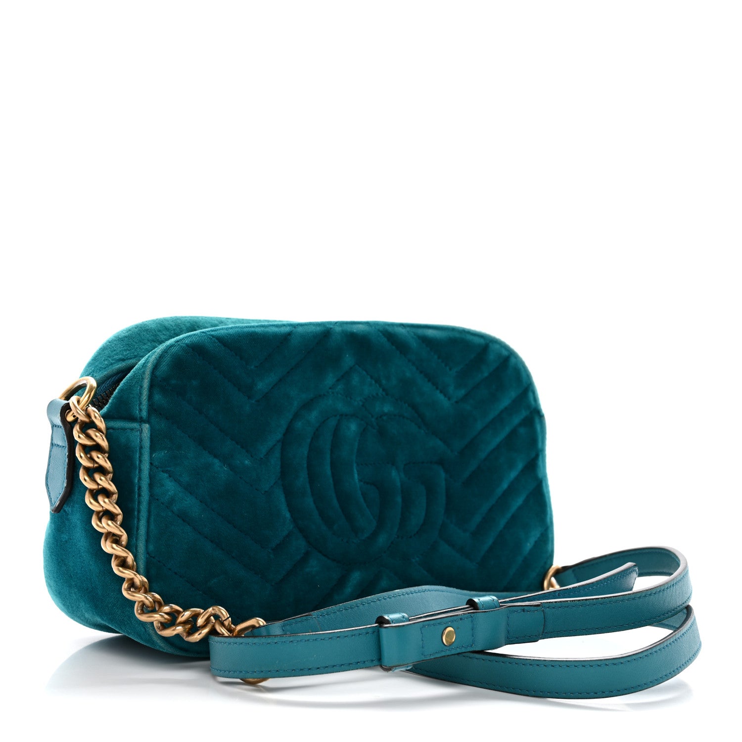 Gucci Velvet Matelasse Small GG Marmont Chain Shoulder Bag Pavone Cyan 3 of 14