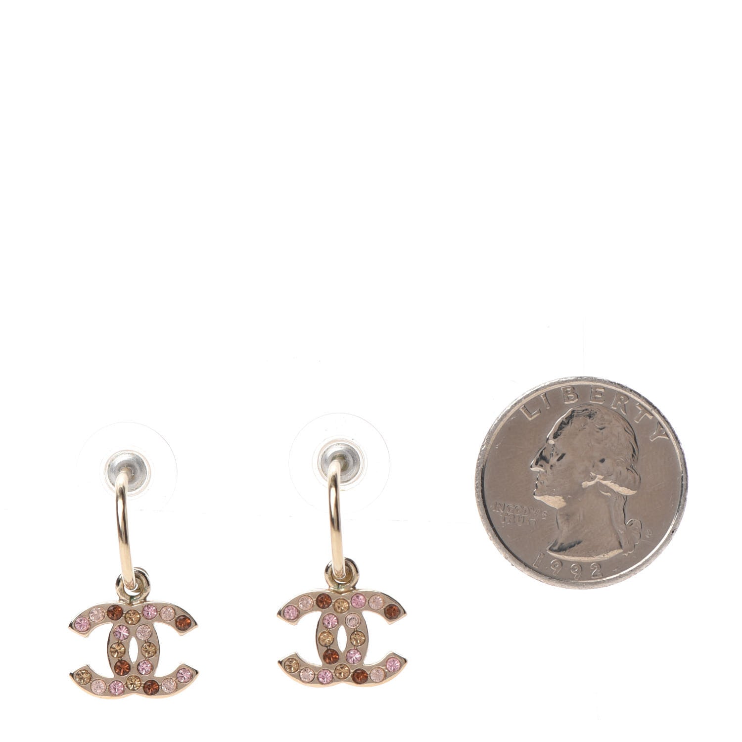 Chanel Crystal CC Dangle Earrings Pink Brown Gold 2 of 5