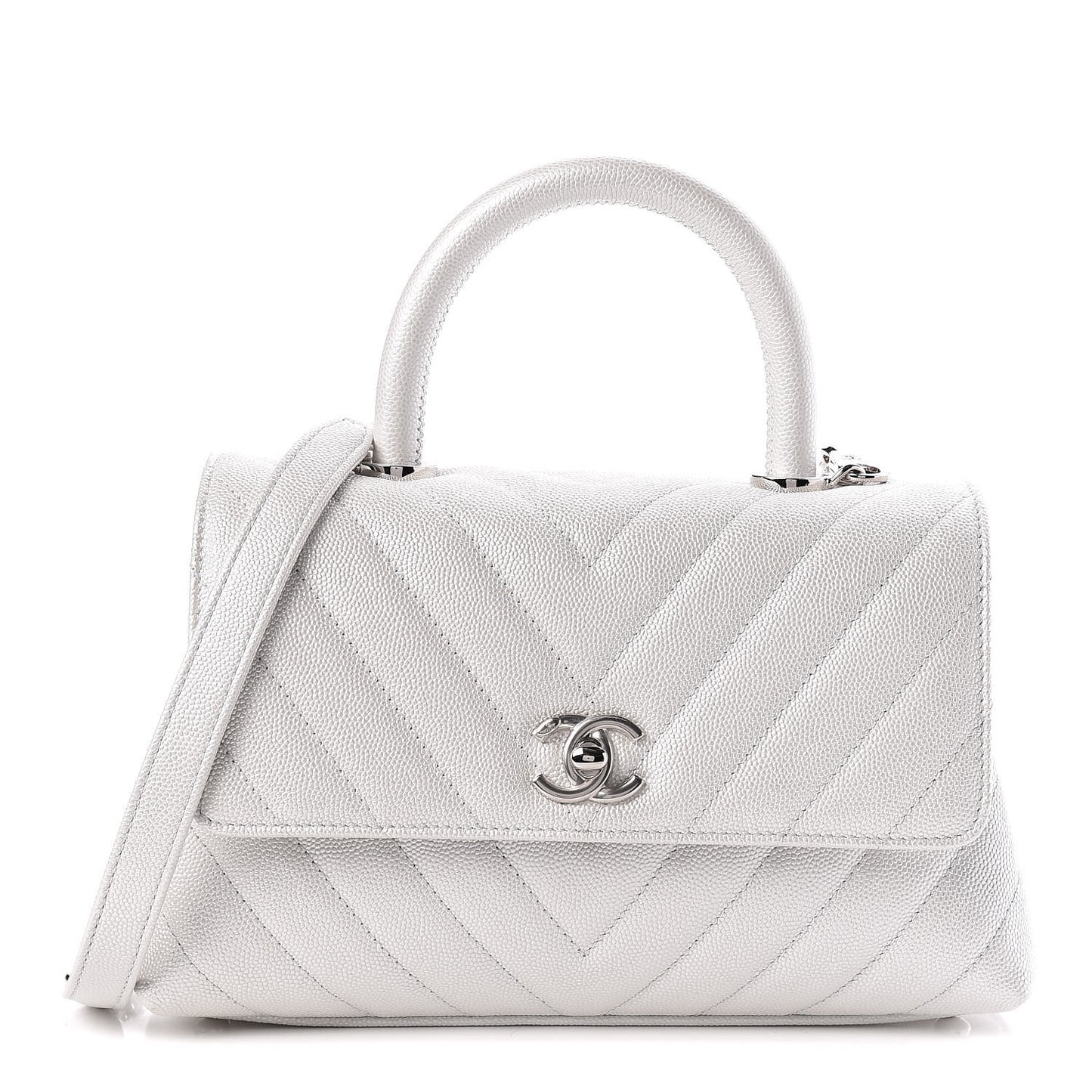 Iridescent Caviar Chevron Quilted Mini Coco Handle Flap White