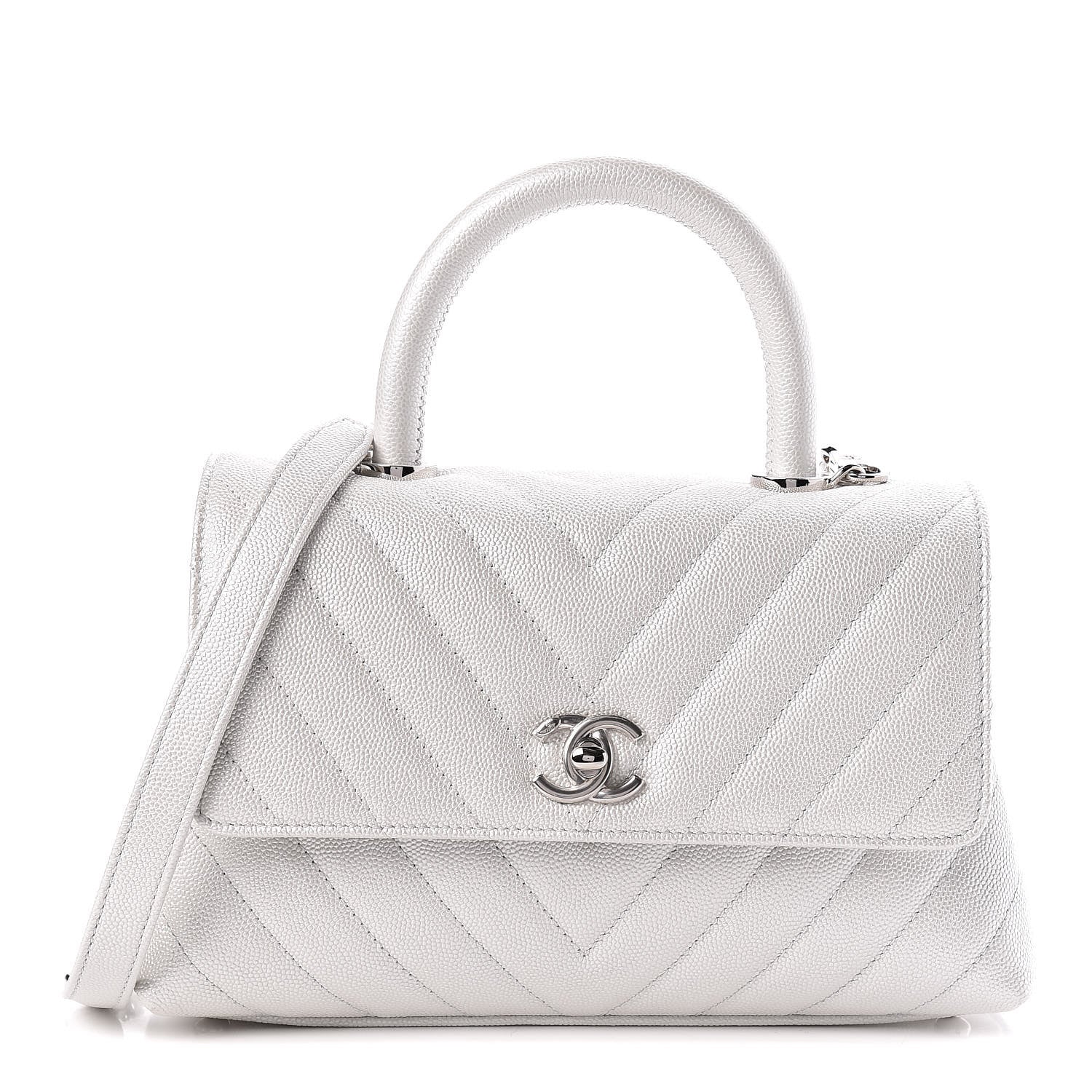 Chanel Iridescent Caviar Chevron Quilted Mini Coco Handle Flap White 1 of 11