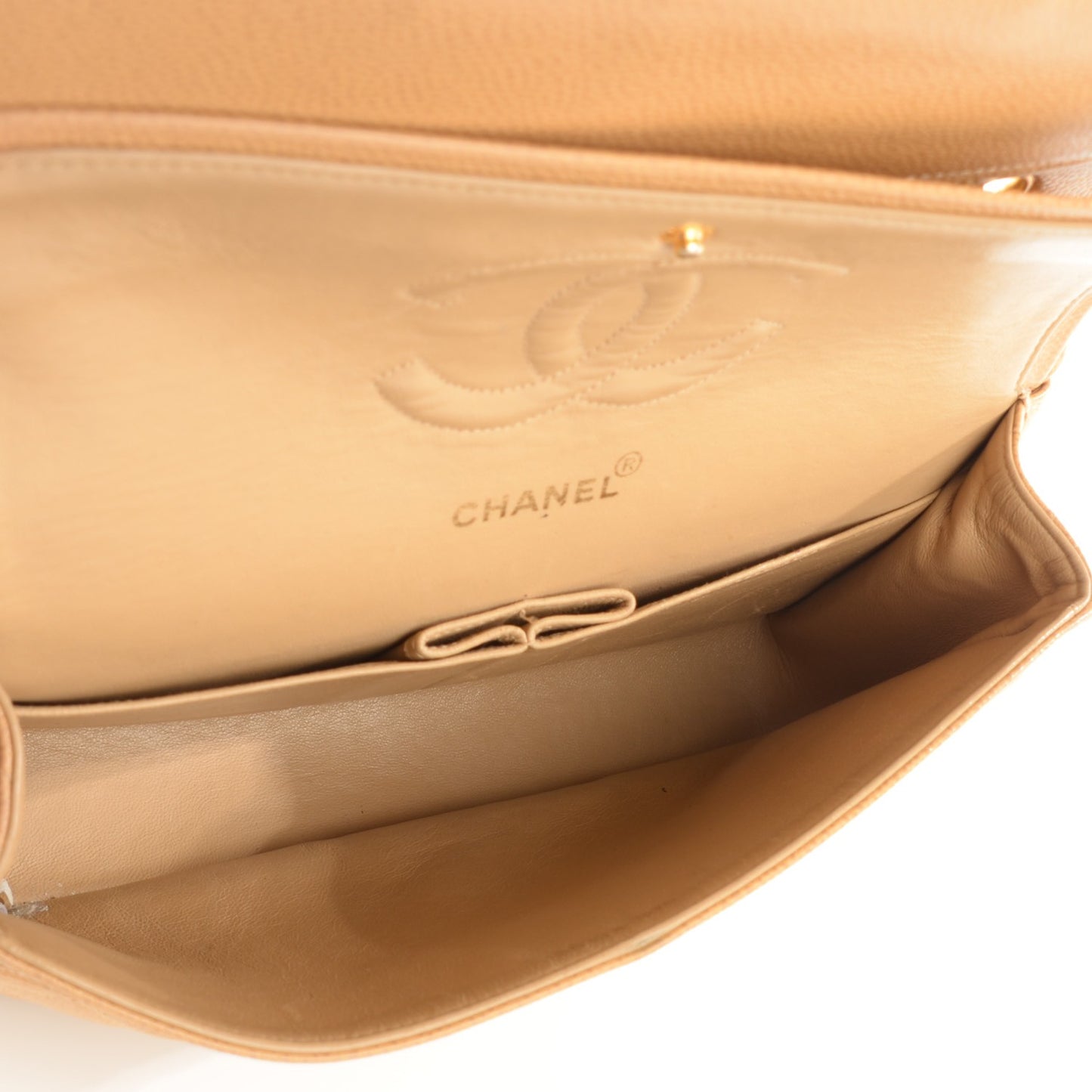 Caviar Quilted Medium Double Flap Beige