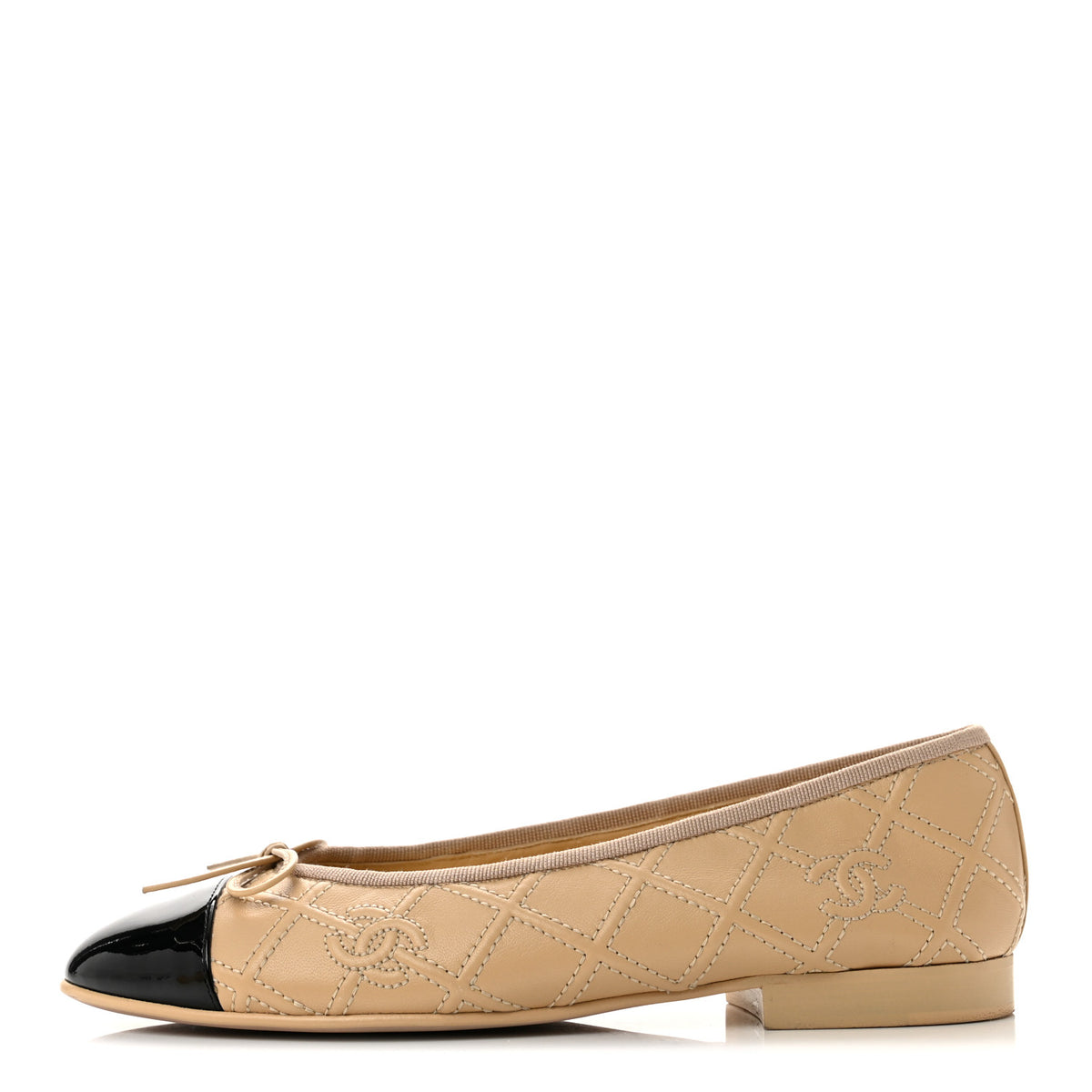 Chanel Lambskin Patent Double Stitched CC Cap Toe Ballerina Flats 37 Beige Black 1 of 10