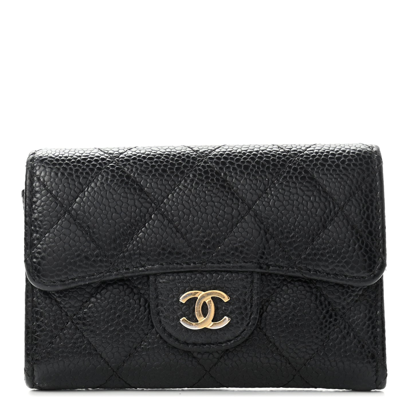 Caviar Quilted Flap Card Holder Wallet Black