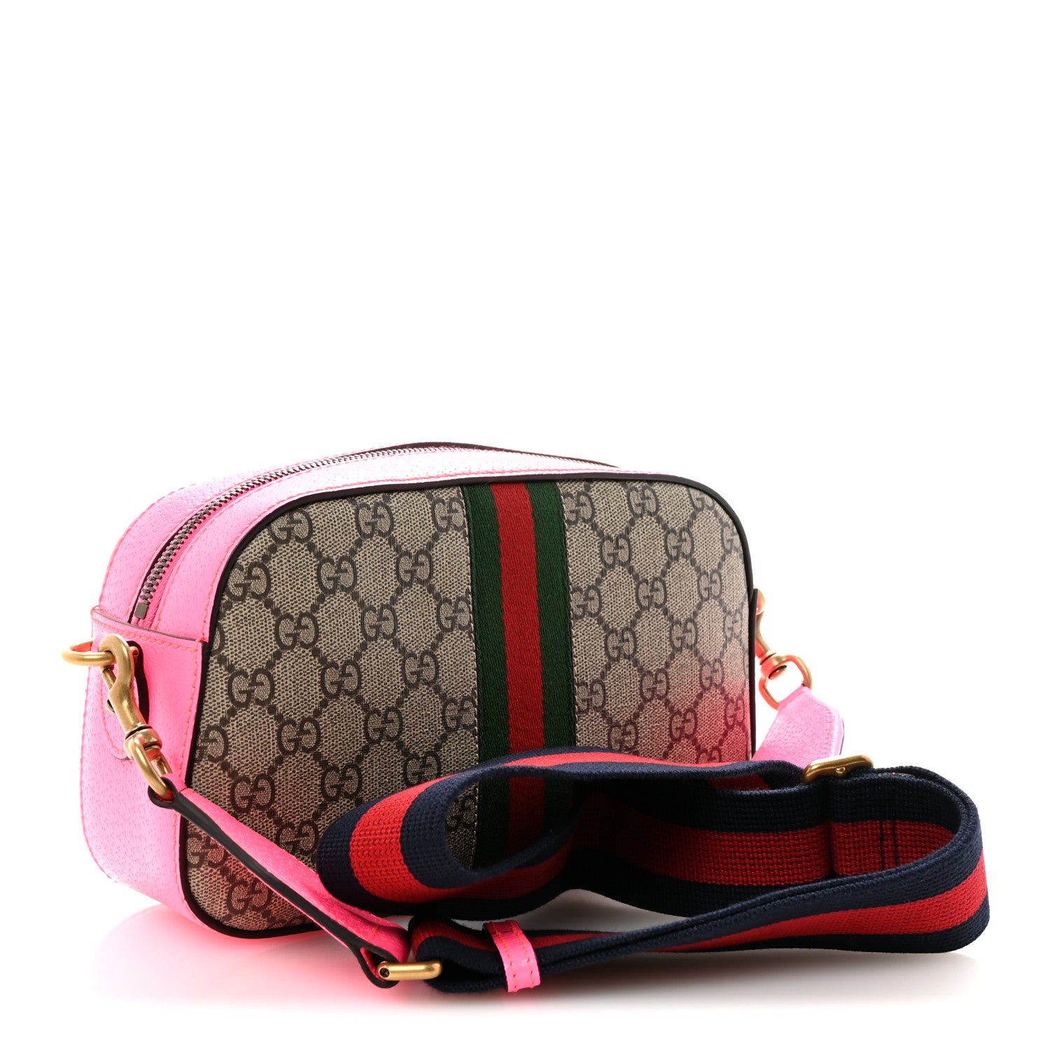 Gucci GG Supreme Monogram Textured Dollar Calfskin Web Ophidia Small Crossbody Bag Beige Ebony Fuchsia 3 of 9