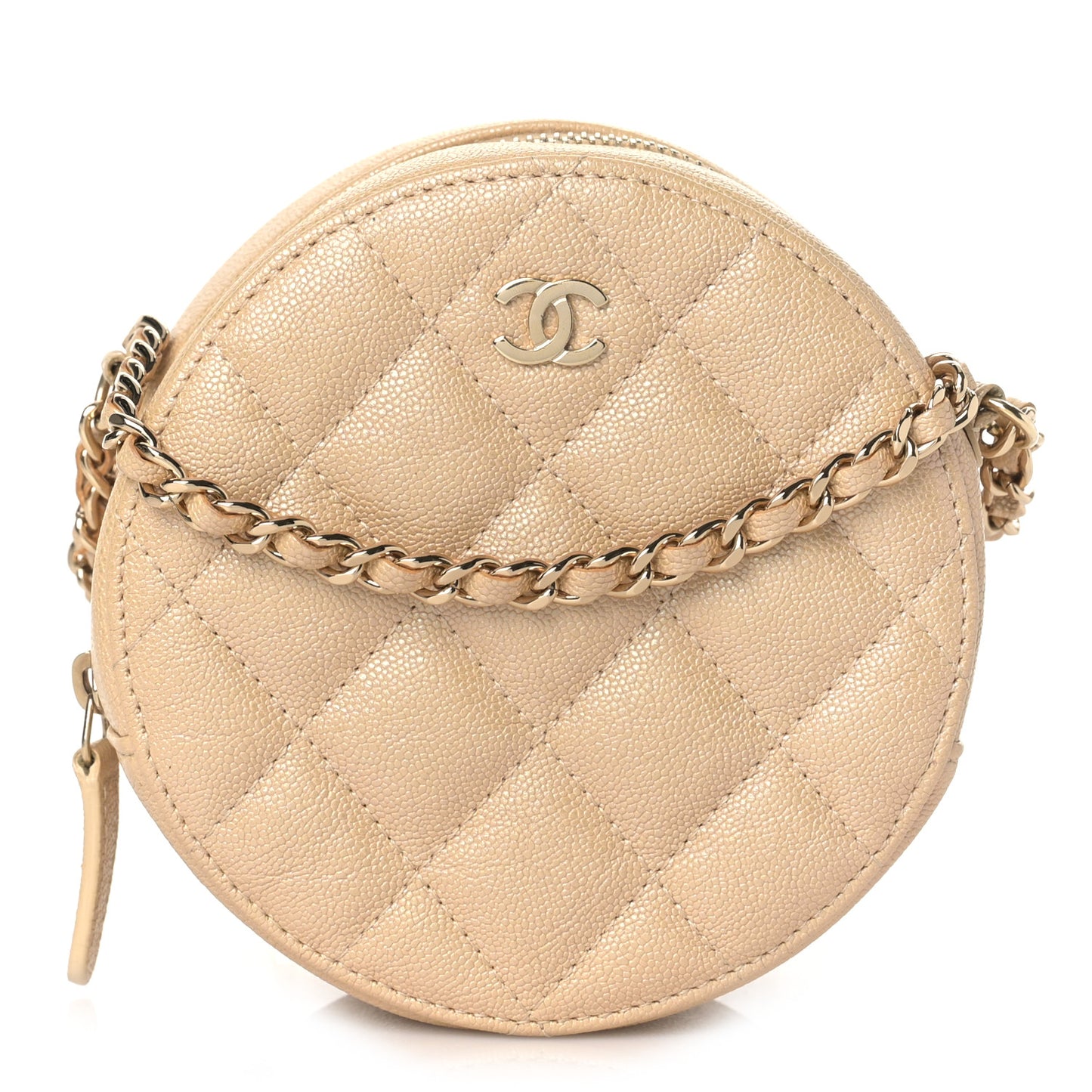 Iridescent Caviar Quilted Round Clutch With Chain Beige