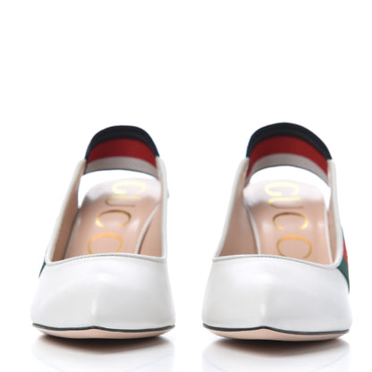 Gucci Malaga Kid Web Sylvie Mid Heel Slingback Pumps 35.5 White 2 of 9