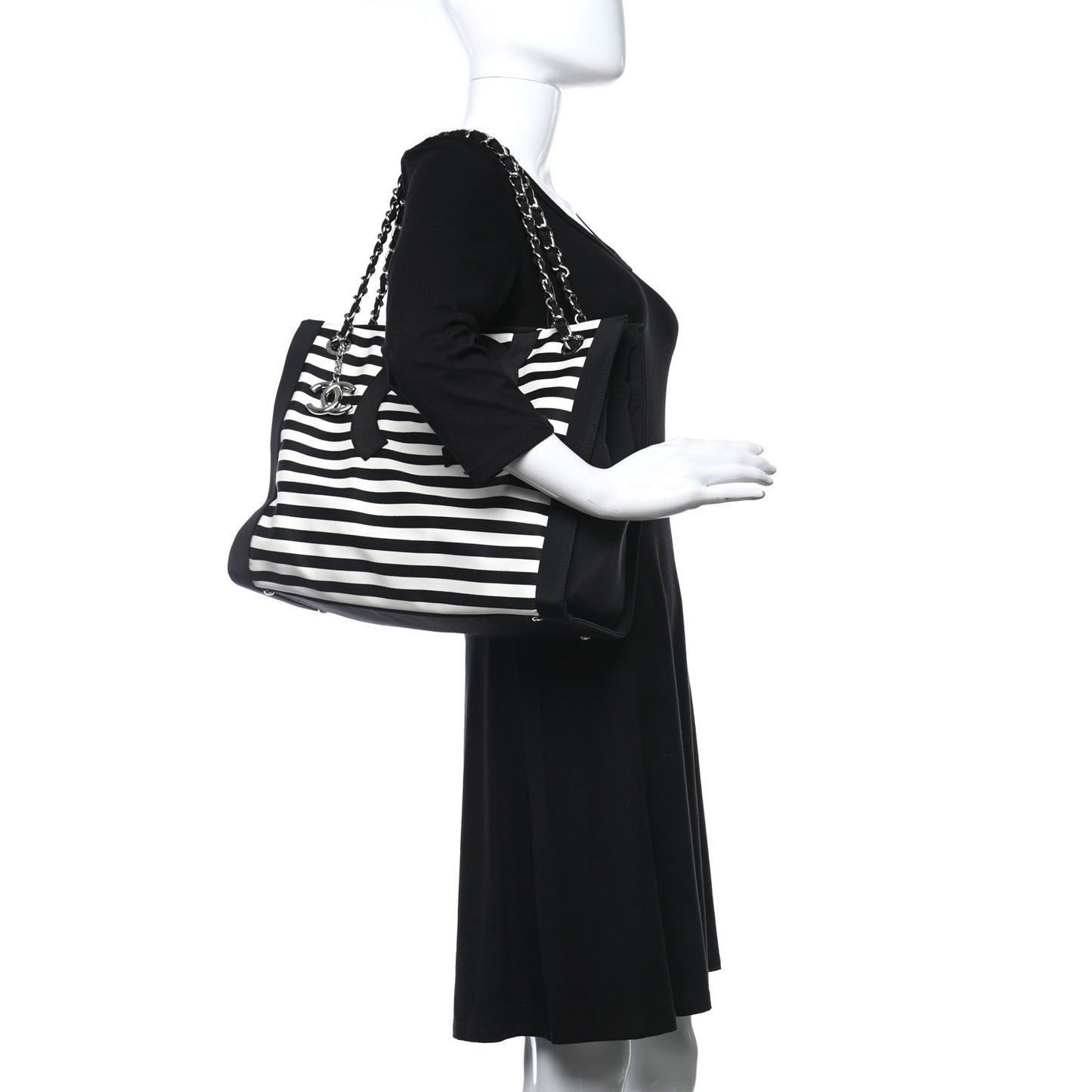 Striped Canvas CC Shopping Tote Black White