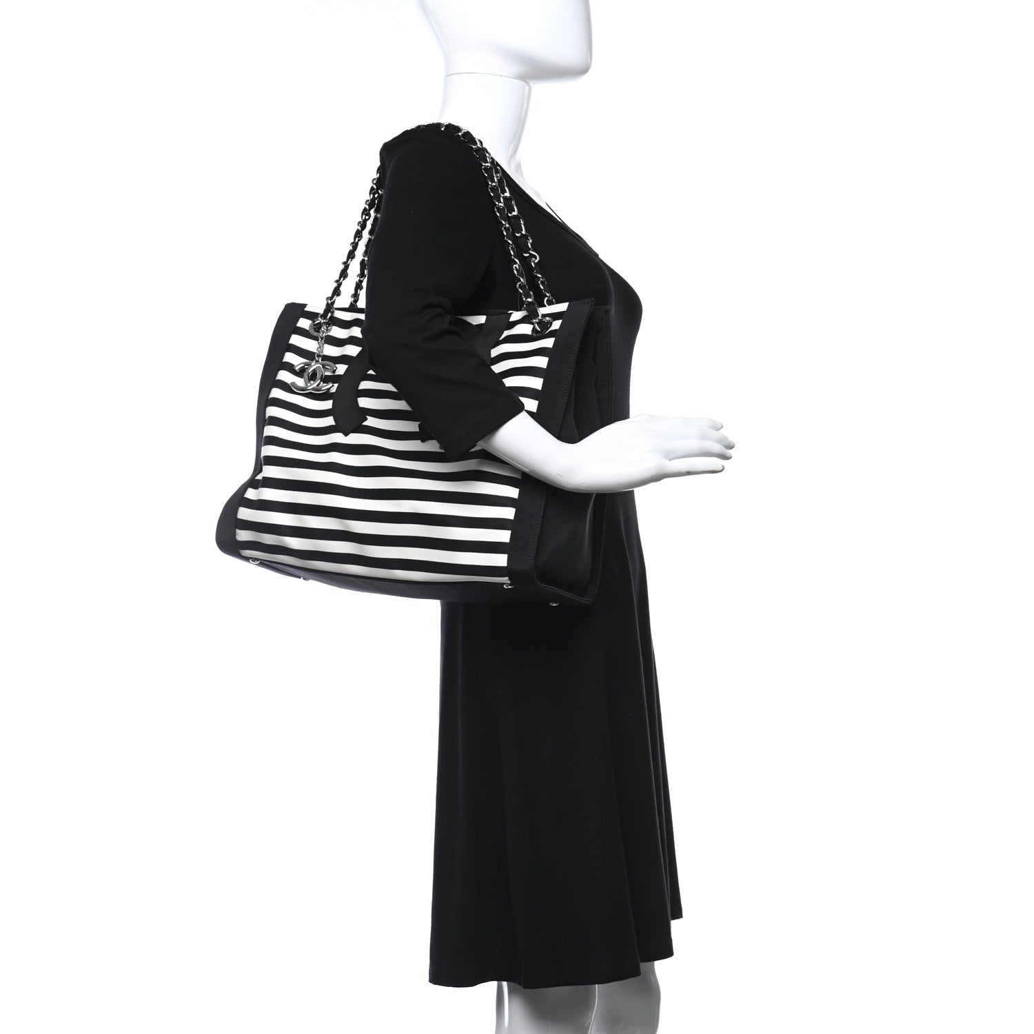 Chanel Striped Canvas CC Shopping Tote Black White 2 of 9